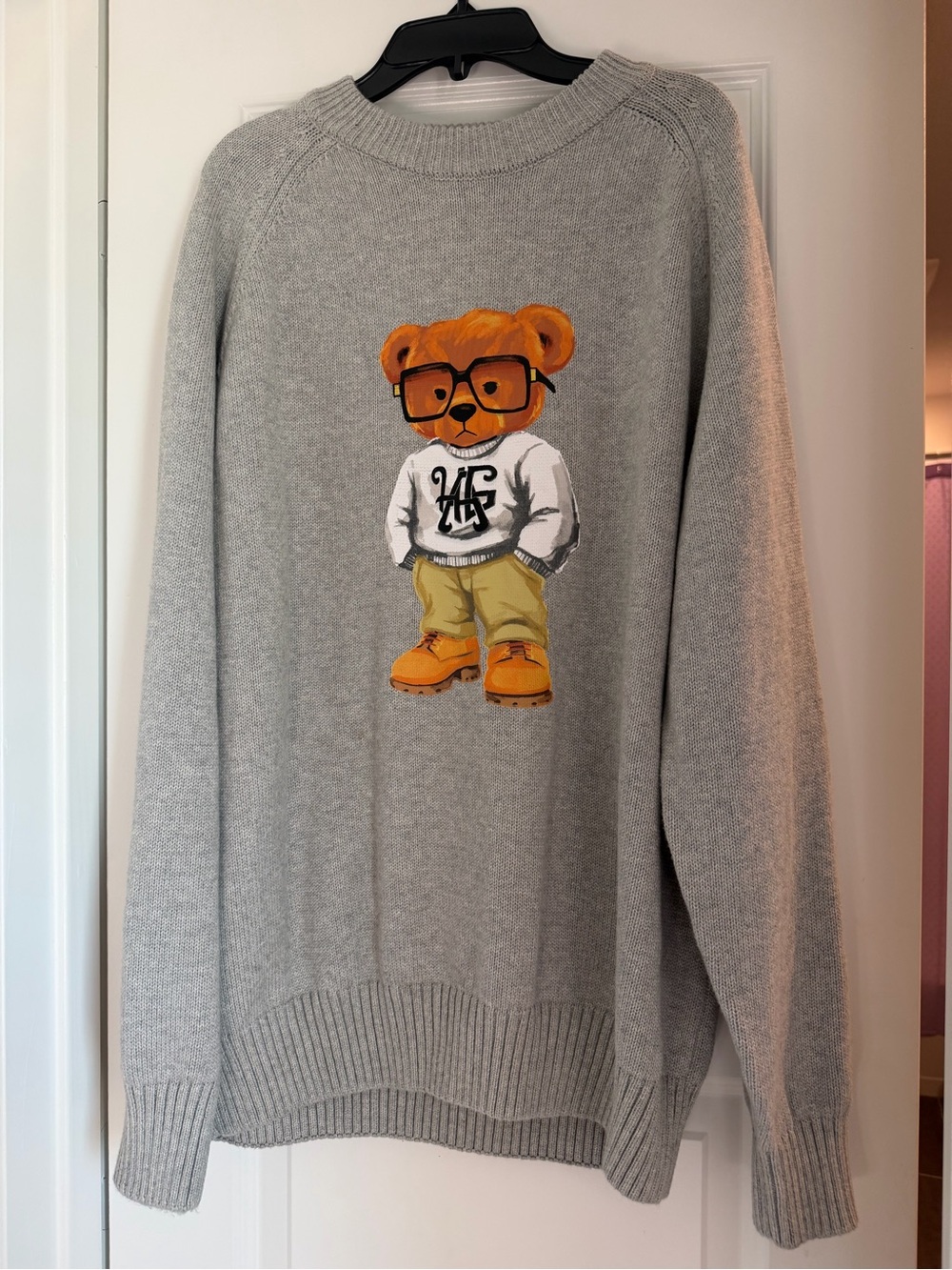 Hustle Gang XL Gray Teddy Bear Graphic Knit Sweater Streetwear 100% Cotton